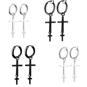 Personality Minimalist Titanium Steel Earrings Male Trendy Stud Earrings Korean Women's Long Tassel Chain Cross Earrings