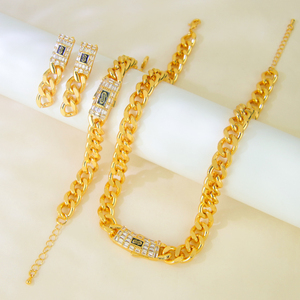 Hot Selling Italian Hip Hop Style Cuban Link Chains Jewelry Set 21k Gold Plated Cubic Zirconia Necklace 3pcs Set for Women Men - Product Image 2