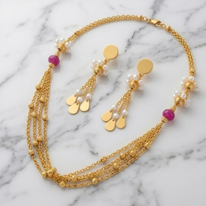 Parure de collier Mala italien en argent 925 plaqué or, chaîne perlée multicouche avec boucles d'oreilles pour femme, idéale pour les soirées - Product Image 2