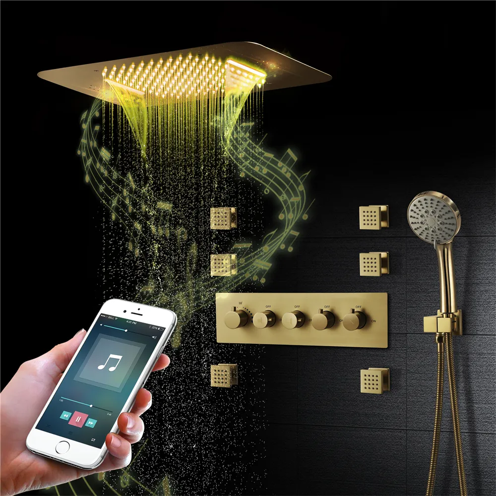 Brushed Gold Play Music LED Shower Set Ceiling Rain Thermostatic Shower Mixer System With 6 Pcs Body Jets