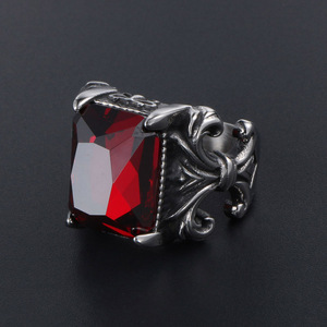 <b>Titanium</b> Steel Floral <b>Ring</b> With Red Rhinestone Bezel Setting Unisex Fashion Jewelry Gift SA647 - Product Image 4