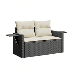 Canapé de jardin noir deux places avec coussins crème, mobilier d'extérieur en rotin, design contemporain durable - Product Image 1
