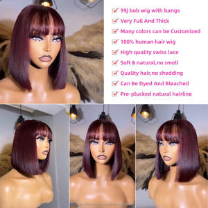 Peluca <span class=keywords><strong>de</strong></span> Cabello Humano <span class=keywords><strong>Natural</strong></span> Brasileño con Flequillo, Color Borgoña 99j, Económica y Más Vendida, con Encaje HD 2x6 para Mujer - Product Image 2