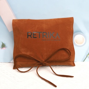 Custom Logo Printed Brown Velvet <b>Envelope</b> Jewelry Pouch Bow Luxury Flap Dustproof Square Snap Closure Faux Suede <b>Gift</b> Packaging - Product Image 2