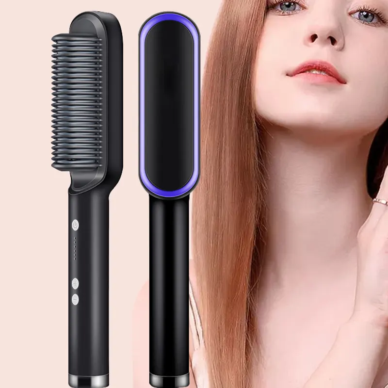 OEM factory Unisex hair styling PTC heat straightening brush Portable Straightener long and short Hair straightener brush