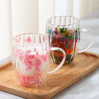 Mug en verre borosilicate à rayures verticales, à double paroi, avec fleur à l'intérieur, très vendu