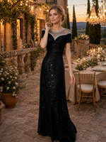 Robe de soirée noire à sequins, col illusion, garniture en perles et cristaux, manches courtes, coupe trapèze, longueur ras du sol, robe de soirée formelle, vente en gros