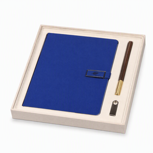 Softcover <b>Notebook</b> Gift Box <b>Set</b> PU Leather Blue With USB <b>And</b> Wooden <b>Pen</b> Business Gift <b>Set</b> - Product Image 1