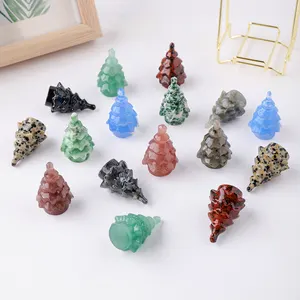 Wholesale Natural Crystal Crafts Hand Carved Mixed Material Decoration Rose Quartz Christmas Tree for Gift