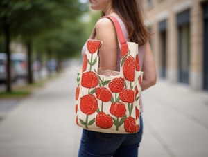 Borsa a tracolla in maglia floreale da donna, tote in tela con motivo rose rosse, borsa shopping per tutte le stagioni - Product Image 2
