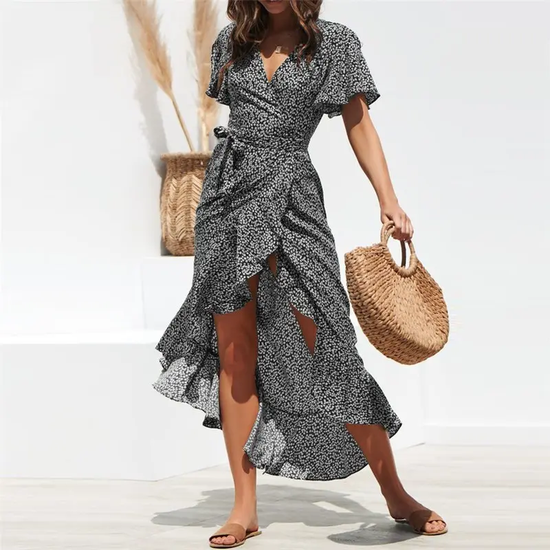 2022 Boho Summer Floral Long Maxi Dress Women Halter Backless Straps Evening Party Beach Holiday Wear Sun dress