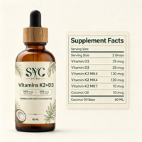 Vitamines en vrac sous marque privée OEM avec 200 mcg de K2 et 250 mcg de D3 dans de l'huile de coco pour soutenir la santé osseuse, immunitaire et cérébrale des adultes