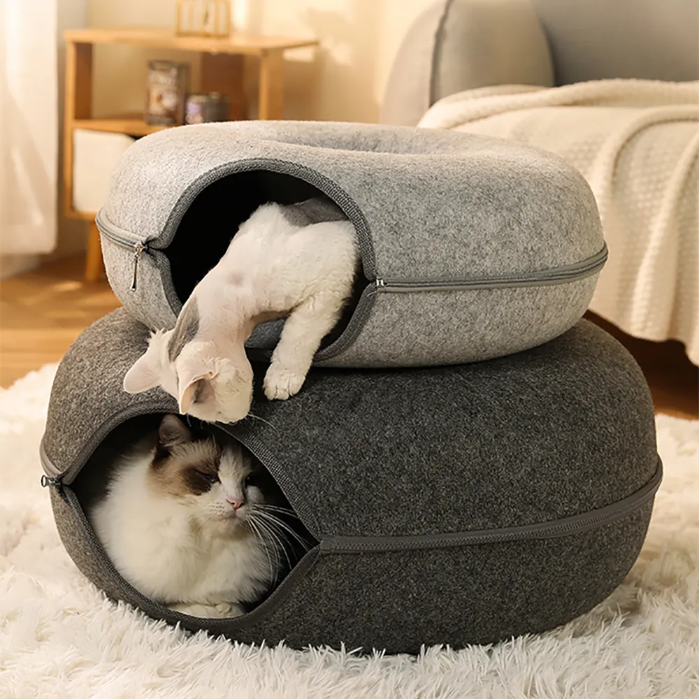 High-quality Felt Material premium Cat Tunnel Bed Indoor Cat Tunnel Peekaboo Cave with Same-Color Zipper Detachable Pet Supplies