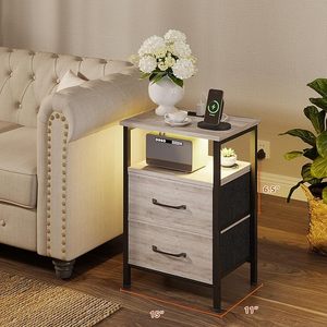 Juego de 2 Mesitas de Noche, Mesita de Noche con Estación de Carga y Luces LED, Mesa Auxiliar con 2 Cajones de Tela para Dormitorio - Product Image 3
