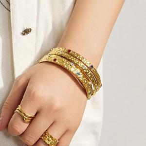 Waterproof Hammer Pattern High Polish Cuff Bangle Colorful Zircon Stainless Steel Gold Plated Female <b>Bracelet</b> - Product Image 2