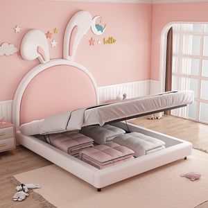 Childrens <b>Bed</b> Pink Bunny Design Solid Wood And Genuine Leather Single <b>Double</b> Size Kids Bedroom Furniture - Product Image 4