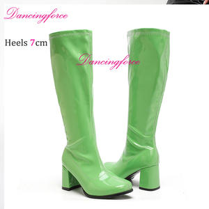 1960s 70s chaussures de danse femmes <span class=keywords><strong>Gogo</strong></span> bottes Sexy danseuse exotique chaussures Vintage genou hauts talons carrés fermeture éclair latérale bottes à talons bas - Product Image 4