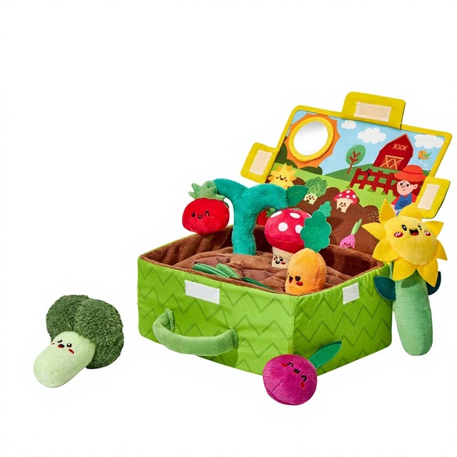 Baby Cognitive Doll-Vegetable & Fruit Plants Plush Toy with Crinkle Paper Rattle Baby-Talking Mirror & Vegetable Recognition