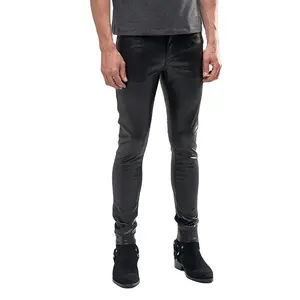Fornecedores de roupas jeans masculino Full Couro falso preto calças super magros