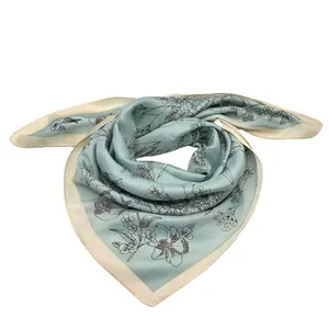 Fashion Women Spring Flower Painting Square Silk Scarf Western Style Shawl With Shirt And Suit