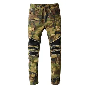 Custom Jeans Men Camouflage Biker With Leather Camo Pants Slim Fit Motorcycle Denim Jeans Pants