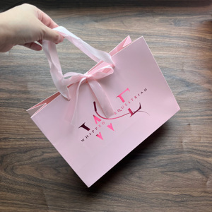Luxury Pink Gift Bags with Rose <b>Red</b> Gold Foil Stamping - Custom Printed Ribbon Handle Shopping Bags Party Gift Bags - Product Image 1