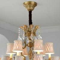 Lámpara de araña de latón de doble nivel de lujo, luz de gota de cristal con sombra estampada para vestíbulo de Hotel