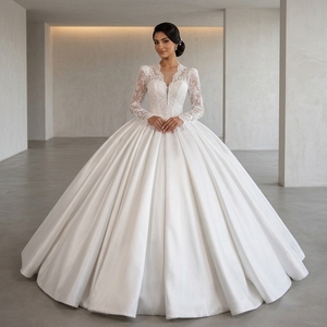 Lscm117 Elegant Ivory <b>Sheer</b> Lace <b>Long</b> <b>Sleeve</b> Beaded Corset Minimalist Satin Ball Gown Wedding Dress Train Jancember - Product Image 1