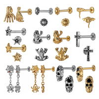 Nouveau Piercing Labret en Acier Chirurgical 316L avec Tête de Crâne Gothique en Pierre Noire, à Dos Plat, pour Lèvre, Hélix et Tragus, 16G