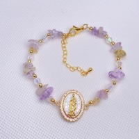 Bracelet Vierge Marie en éclats d'améthyste naturelle, plaqué or 18 carats sacré, résistant au ternissement, haute brillance, cadeau Fête des Mères