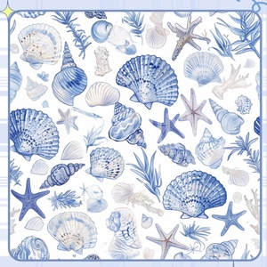 <span class=keywords><strong>Tissu</strong></span> en satin de soie extensible imprimé style toile de <span class=keywords><strong>Jouy</strong></span> bleu personnalisé avec éléments océaniques (étoile de mer, coquillage) pour robe de vacances et foulard - Product Image 6
