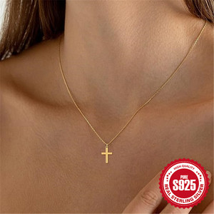 Fine 925 Bijoux En Argent Lisse Croix Pendentif Collier pour Femmes 18K Plaqué Or 925 En Argent Sterling Lien Chaîne Collier - Product Image 3