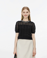 Haut en maille jacquard ajouré pour femme, col rond à volants ondulés, orné de perles et strass, manches courtes, coupe ajustée, chemisier d'été tricoté