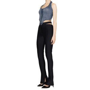 Gilet à encolure dos nu bleu délavé personnalisé pour femmes, col rond, fermeture éclair sur le devant, ourlet asymétrique, gilet en jean corset - Product Image 2