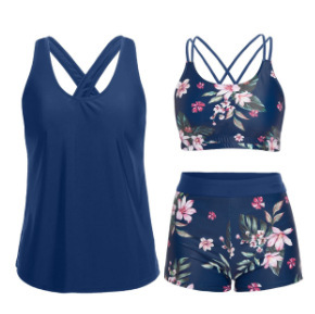 En gros Maillots de bain 3 pièces pour femmes, <span class=keywords><strong>Tankini</strong></span> modeste à imprimé feuilles tropicales, avec haut de maillot ample et short de plage - Product Image 3