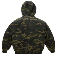 Veste pour homme personnalisée avec imprimé camouflage intégral, en sergé de coton, capuche amovible, doublure matelassée épaisse, fermeture à boutons et à glissière bidirectionnelle