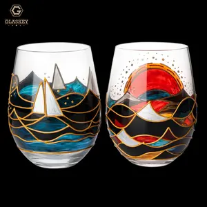 Hand Painted Sunrise Glasses Stemless Set of 2 Wine Water & Whiskey Glasses Crystal Tumblers Gifts For Valentine