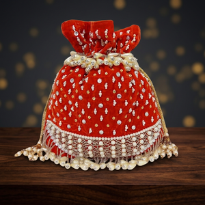 Red Velvet Beaded Drawstring Evening Bag With <b>Pearl</b> Embellishment Handmade Elegant <b>Clutch</b> For Party Wear - Product Image 2
