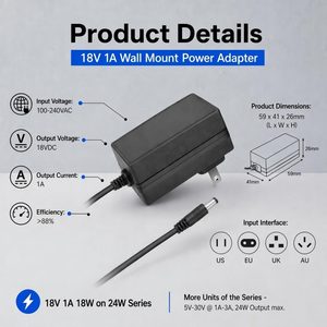 อะแดปเตอร์แปลงไฟ <span class=keywords><strong>18V</strong></span> <span class=keywords><strong>1000mA</strong></span> AC DC 18W สำหรับไฟ LED, บูสเตอร์, หุ่นยนต์, วิทยุ, ไซเรน, ลำโพง, เราเตอร์ อะแดปเตอร์แปลงไฟ <span class=keywords><strong>18V</strong></span> 1A - Product Image 2