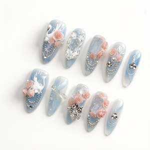 <span class=keywords><strong>Uñas</strong></span> Postizas Cortas Cuadradas Acrílicas Hechas a Mano con Diseño de Medusa Azul, <span class=keywords><strong>Uñas</strong></span> Postizas de Almendra para Mujer, Estilo Veraniego - Product Image 2