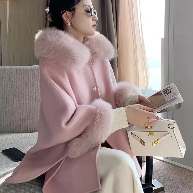 Bán Buôn Chất Lượng Tốt Ladies Bất Fox Fur Collar Cloak Sang Trọng Cashmere Len Áo Choàng Phụ Nữ Hàn Quốc Quần Áo