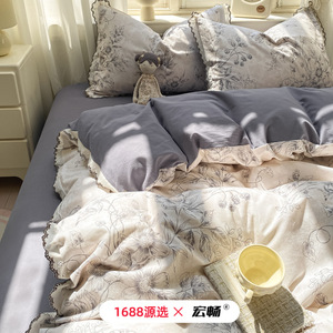Thickened Brushed Cotton Four Piece <b>Bedding</b> Set 100% Pure Cotton Floral Print Duvet Cover Warm Bed Sheet Autumn Winter Use - Product Image 1