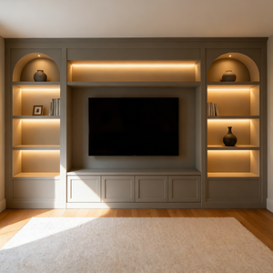 High Quality Matte Grey Solid Wood <strong>TV</strong> Cabinet Whole <strong>Wall</strong> Media Unit with Arched <strong>Shelving</strong> Display - Product Image 1
