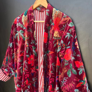 Handmade Bird Print Velvet Kimono Plus Size Cotton Velvet <b>Jacket</b> Dressing Gown <b>Bridal</b> Robe Women's Wine Color Cotton <b>Jacket</b> - Product Image 1