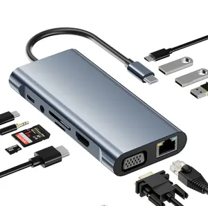 JustLink 11 Trong 1 Hub Loại C Để HDMI 4K VGA Pd100W USB3.0 RJ45 1000Mbps SD TF USB C 3.5Mm Âm Thanh USB 3.1 Cho MacBook Máy Tính Xách Tay