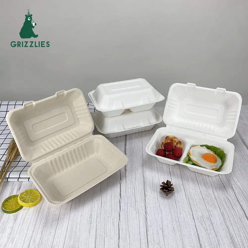 Eco-friendly Compostable Biodegradable 1000ml 1 2 Compartment Sugarcane Bagasse Pulp Clamshell Takeaway Food