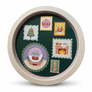 Kontensan EE163EC <b>Large</b> Round Wood Serving <b>Tray</b> with Rustic Style and Green Background Made of Wood and Brass - Product Image 2