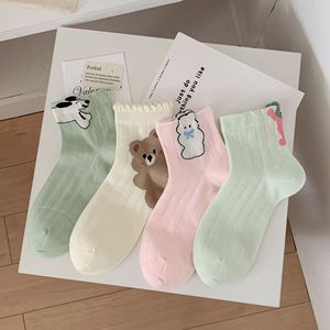 Chaussettes courtes pour femmes, motif animal, ours, coton, fibre de bambou, sans couture, décontractées, pour jeunes de 18 à 40 ans, blanc, rose, vert lait - Product Image 2