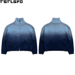 Suéter de punto acanalado con cremallera y cuello alto, degradado azul, manga larga, bolsillos frontales, estilo casual urbano, venta al por mayor de fábrica, personalizado - Product Image 1