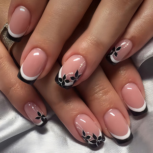 24 Uñas Postizas Negras con Franjas Blancas Francesas y Patrón Floral Chino, Uñas de Cobertura Completa, Puntas de Uñas para Manicura DIY - Product Image 1